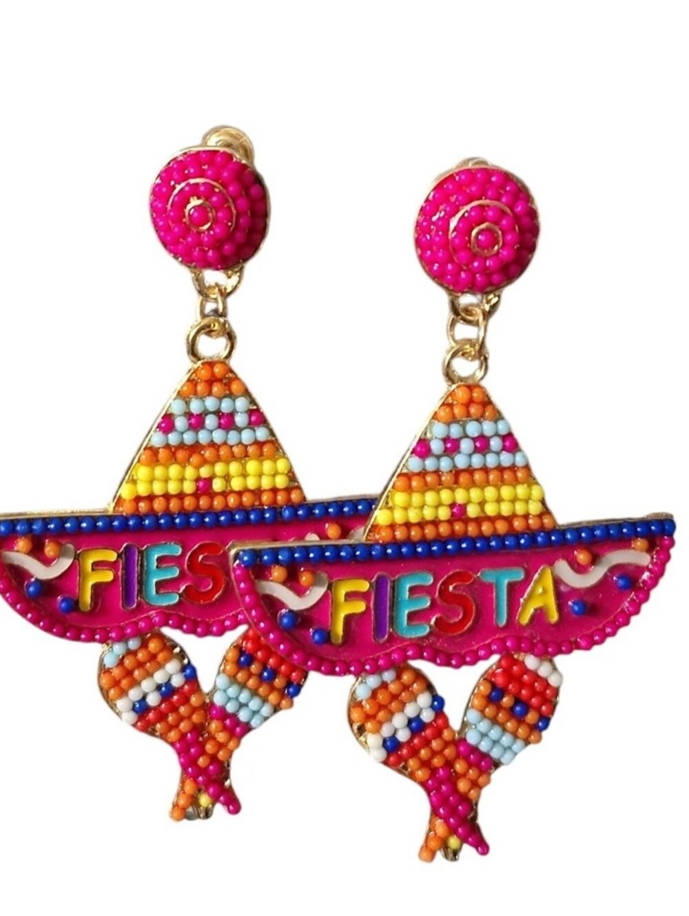 Fiesta Beaded Sombrero Drop Earrings - Bright Pink - Picture 1 of 2